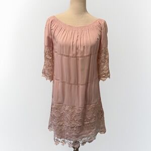Solitaire Swim Bathing Suit pink Coverup Dress lace off shoulder Size Small‎